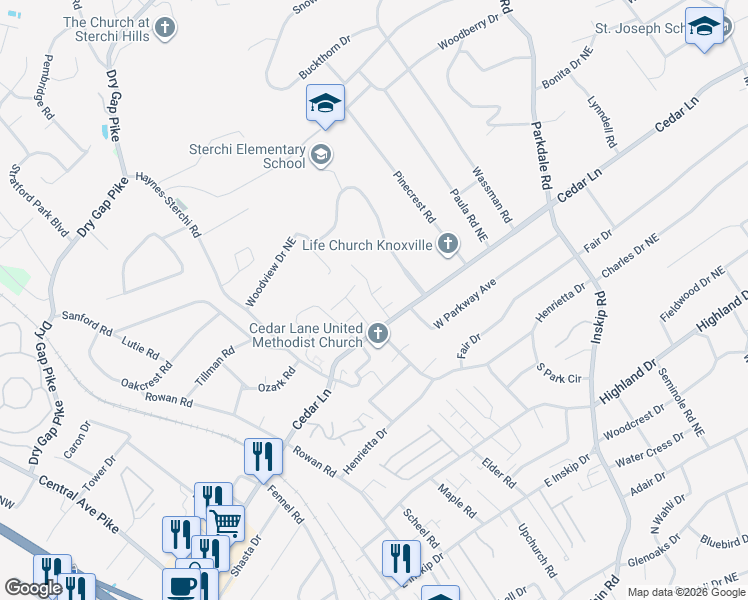 map of restaurants, bars, coffee shops, grocery stores, and more near in Knoxville