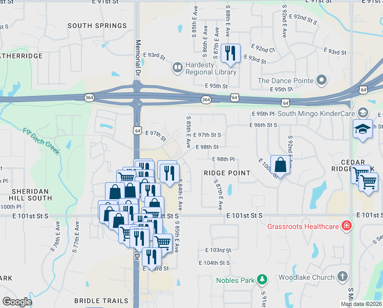 map of restaurants, bars, coffee shops, grocery stores, and more near 8610 East 98th Place in Tulsa