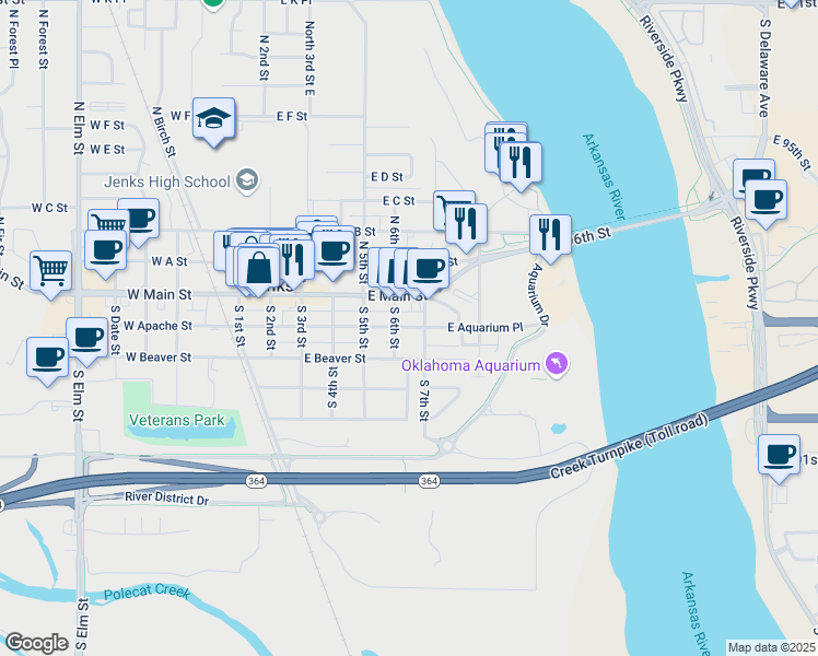 map of restaurants, bars, coffee shops, grocery stores, and more near 615 East Beaver Street in Jenks