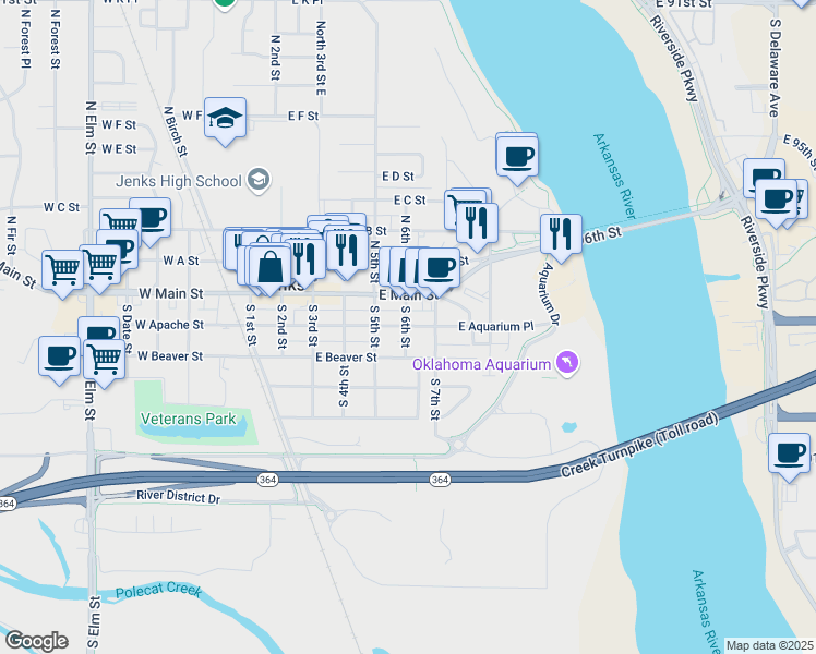 map of restaurants, bars, coffee shops, grocery stores, and more near 212 South 6th Street in Jenks