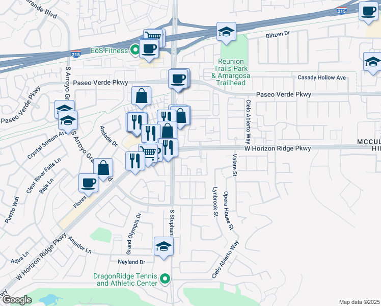 map of restaurants, bars, coffee shops, grocery stores, and more near 1349 West Horizon Ridge Parkway in Henderson