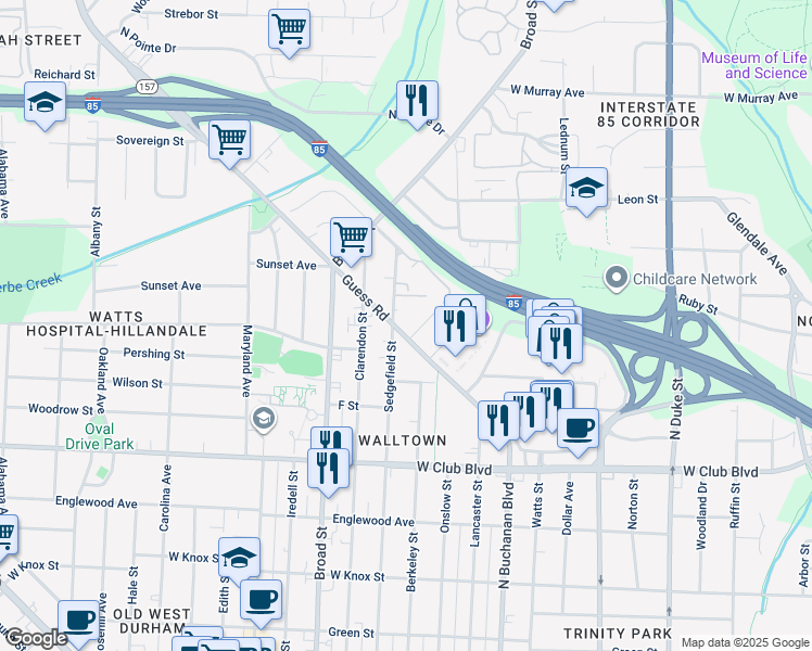 map of restaurants, bars, coffee shops, grocery stores, and more near 1818 Guess Road in Durham