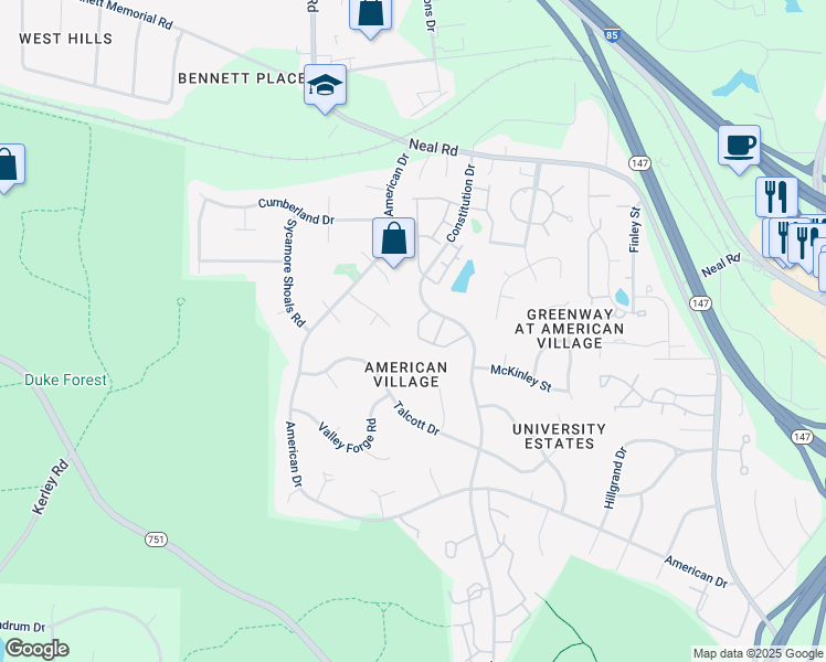 map of restaurants, bars, coffee shops, grocery stores, and more near 22 Intuition Circle in Durham