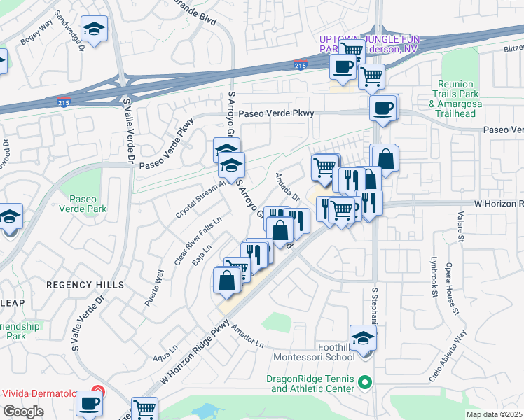 map of restaurants, bars, coffee shops, grocery stores, and more near 1493 Arroyo Verde Drive in Henderson