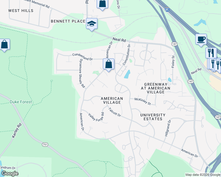 map of restaurants, bars, coffee shops, grocery stores, and more near 9 Cauldwell Lane in Durham