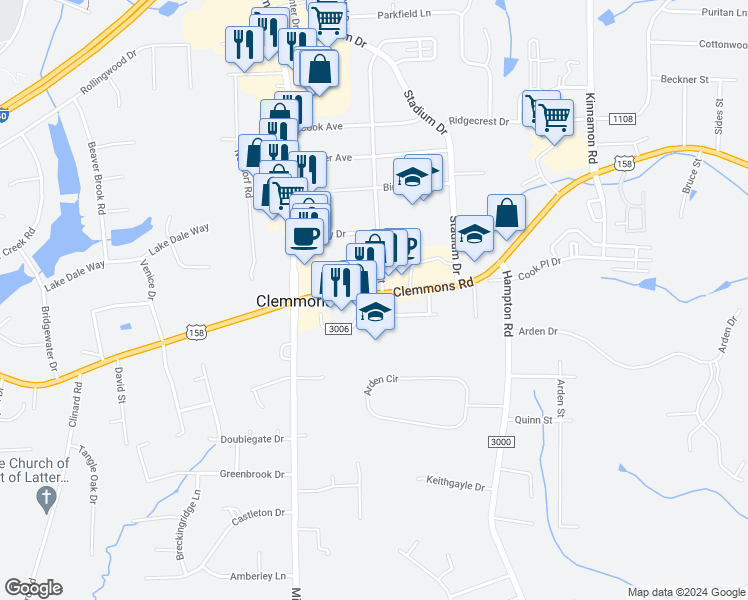 map of restaurants, bars, coffee shops, grocery stores, and more near 3611 Clemmons Road in Clemmons
