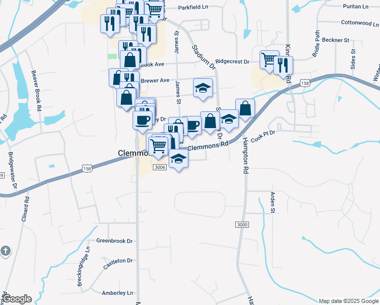 map of restaurants, bars, coffee shops, grocery stores, and more near 3565 Clemmons Road in Clemmons