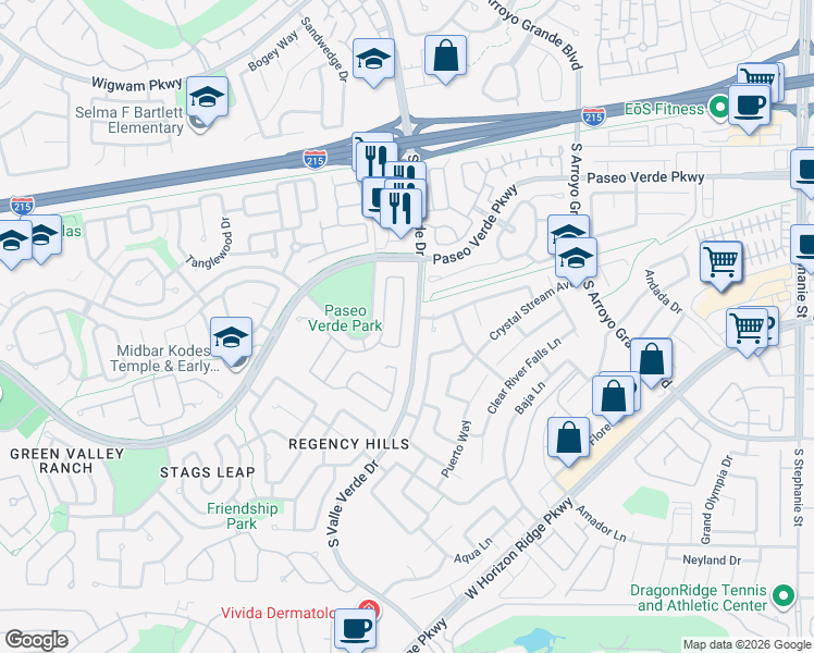 map of restaurants, bars, coffee shops, grocery stores, and more near 224 Misty Garden Street in Henderson