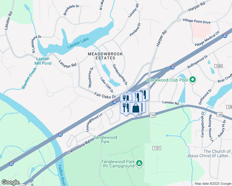 map of restaurants, bars, coffee shops, grocery stores, and more near 4285 Lake Cliff Drive in Clemmons