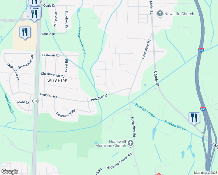 map of restaurants, bars, coffee shops, grocery stores, and more near 4961 Bridgton Place Drive in Winston-Salem