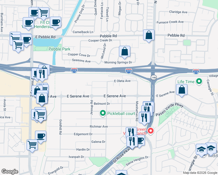 map of restaurants, bars, coffee shops, grocery stores, and more near 3120 East Serene Avenue in Henderson