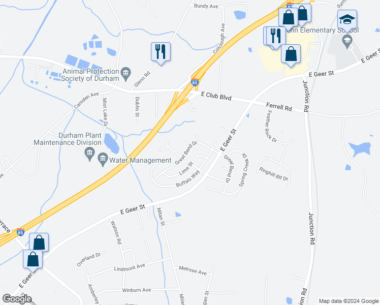 map of restaurants, bars, coffee shops, grocery stores, and more near 1708 Great Bend Drive in Durham