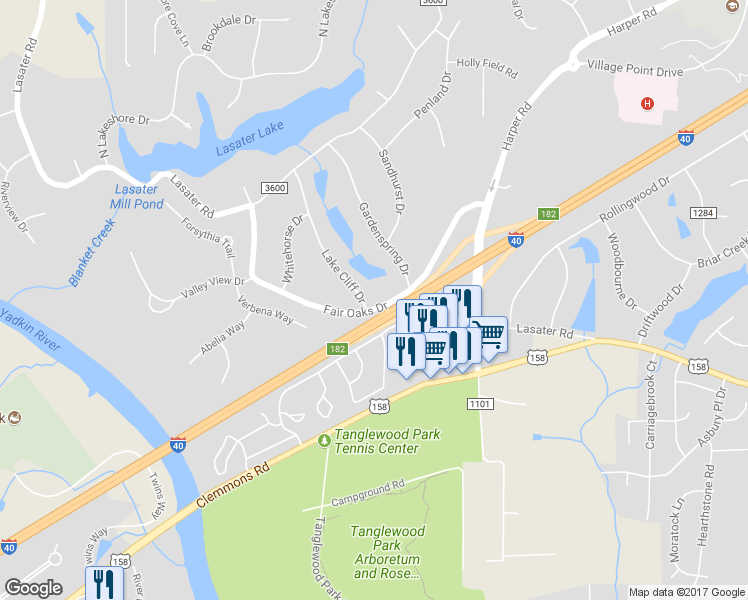 map of restaurants, bars, coffee shops, grocery stores, and more near 4285 Lake Cliff Drive in Clemmons
