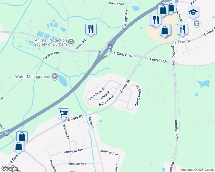 map of restaurants, bars, coffee shops, grocery stores, and more near 1708 Great Bend Drive in Durham