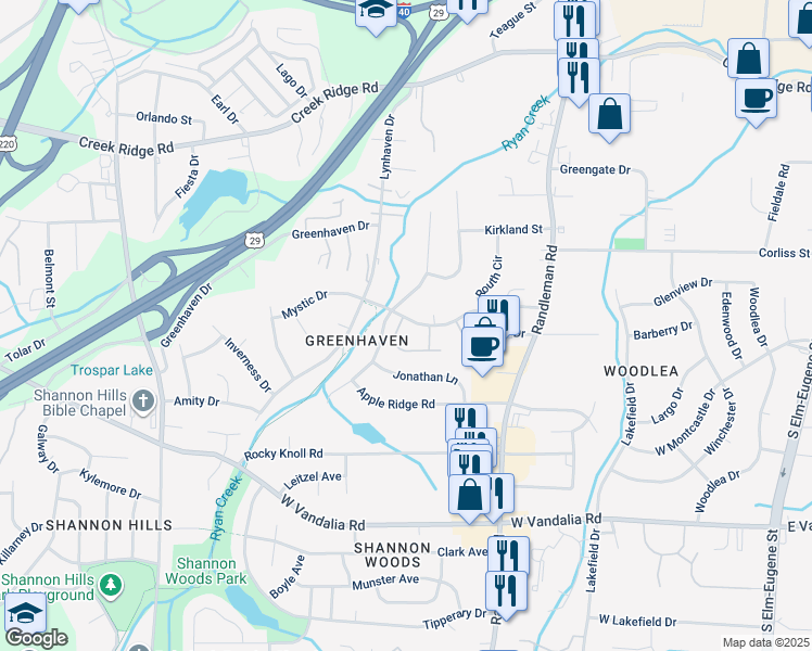 map of restaurants, bars, coffee shops, grocery stores, and more near 649 Mystic Drive in Greensboro
