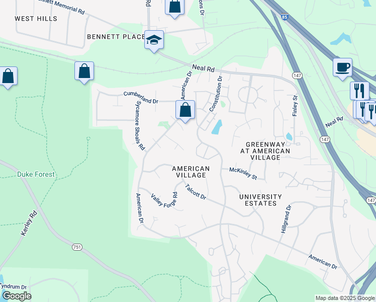 map of restaurants, bars, coffee shops, grocery stores, and more near 9 Cauldwell Lane in Durham