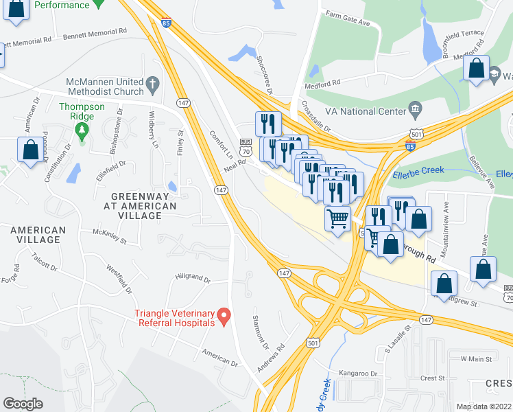 map of restaurants, bars, coffee shops, grocery stores, and more near 213 Bridgefield Place in Durham