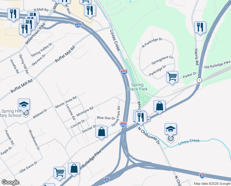 map of restaurants, bars, coffee shops, grocery stores, and more near 963 Spring Park Road in Knoxville