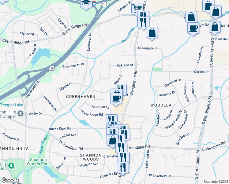 map of restaurants, bars, coffee shops, grocery stores, and more near 521 Mystic Drive in Greensboro