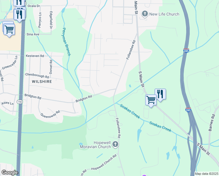map of restaurants, bars, coffee shops, grocery stores, and more near 1215 Bridgton Road in Winston-Salem