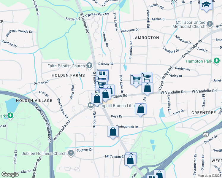 map of restaurants, bars, coffee shops, grocery stores, and more near 2812 West Vandalia Road in Greensboro