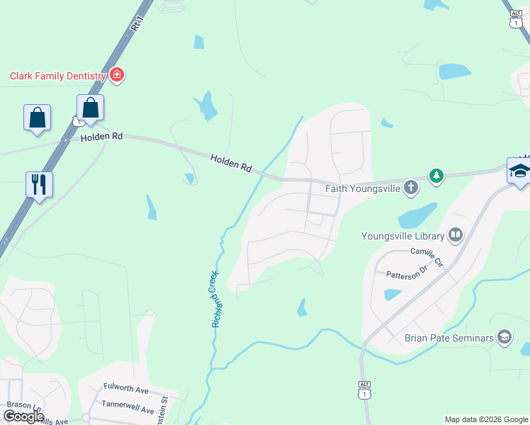 map of restaurants, bars, coffee shops, grocery stores, and more near 526 Holden Forest Drive in Youngsville