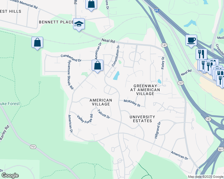 map of restaurants, bars, coffee shops, grocery stores, and more near 5 Pilatus Drive in Durham