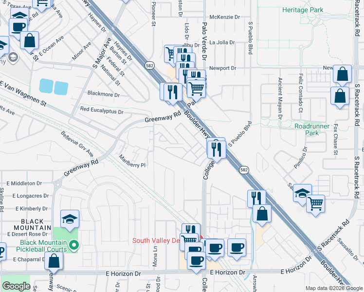 map of restaurants, bars, coffee shops, grocery stores, and more near 650 Vetiver Lane in Henderson
