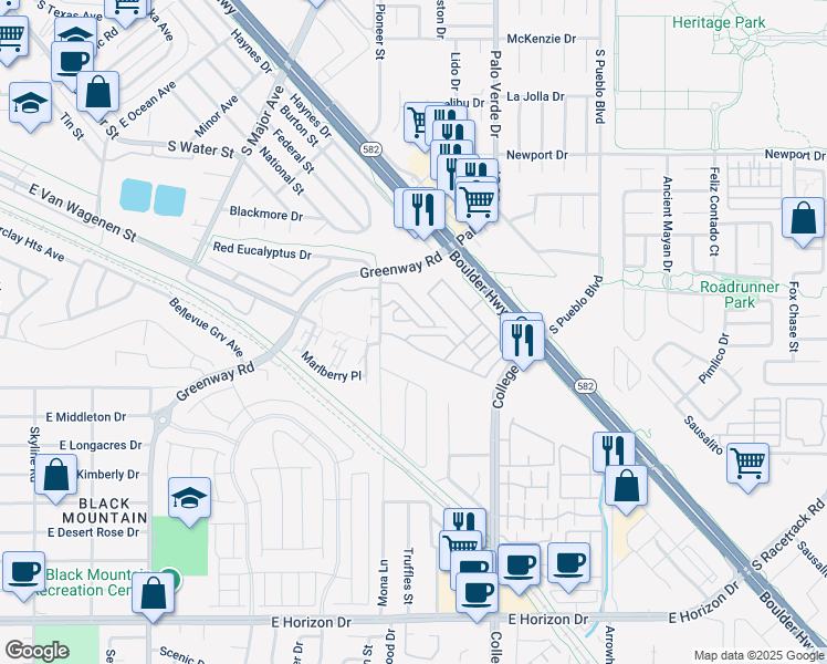 map of restaurants, bars, coffee shops, grocery stores, and more near 611 Diamond Drive in Henderson