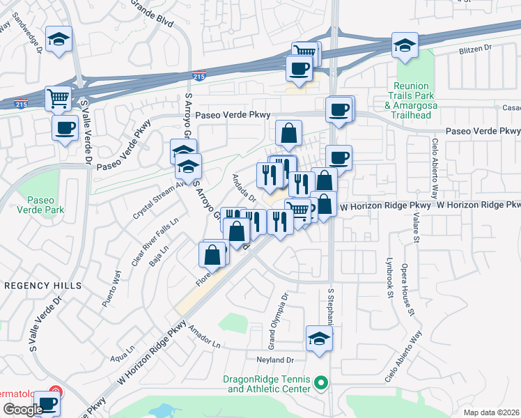 map of restaurants, bars, coffee shops, grocery stores, and more near 192 Oella Ridge Court in Henderson