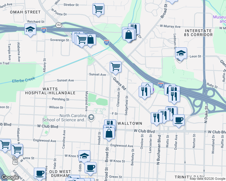 map of restaurants, bars, coffee shops, grocery stores, and more near 1702 Sprunt Avenue in Durham