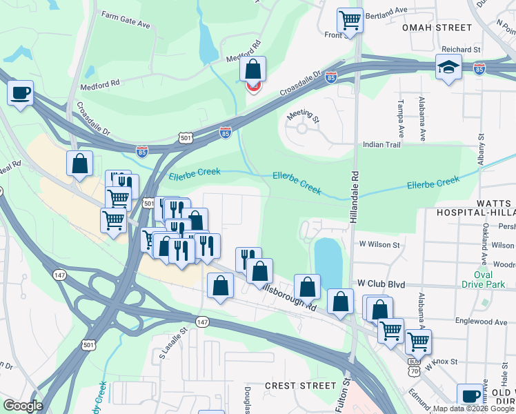 map of restaurants, bars, coffee shops, grocery stores, and more near 1503 Bellevue Avenue in Durham