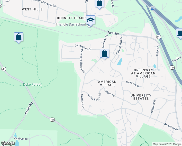 map of restaurants, bars, coffee shops, grocery stores, and more near 4424 Talcott Drive in Durham