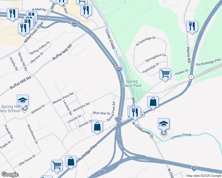 map of restaurants, bars, coffee shops, grocery stores, and more near 963 Spring Park Road in Knoxville