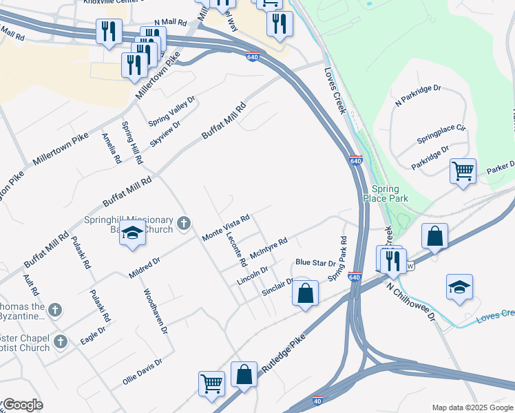 map of restaurants, bars, coffee shops, grocery stores, and more near 5028 Monte Vista Road in Knoxville
