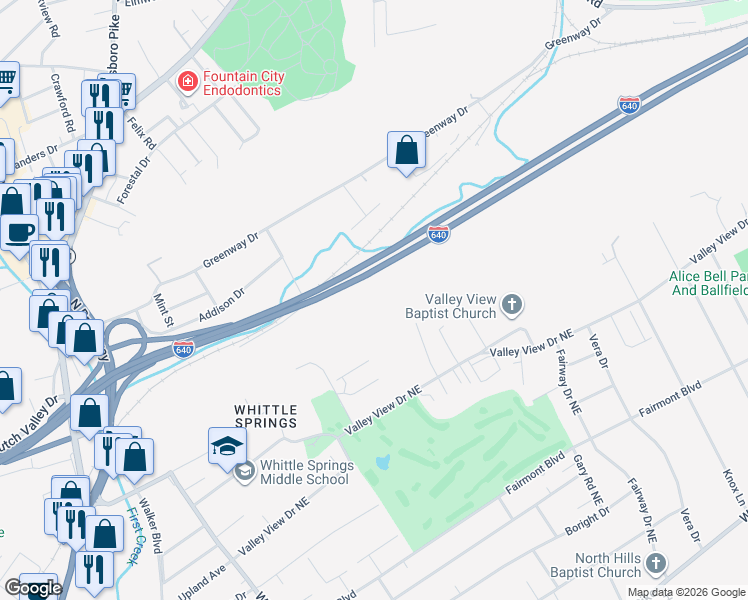map of restaurants, bars, coffee shops, grocery stores, and more near 4534 Nora Road Northeast in Knoxville