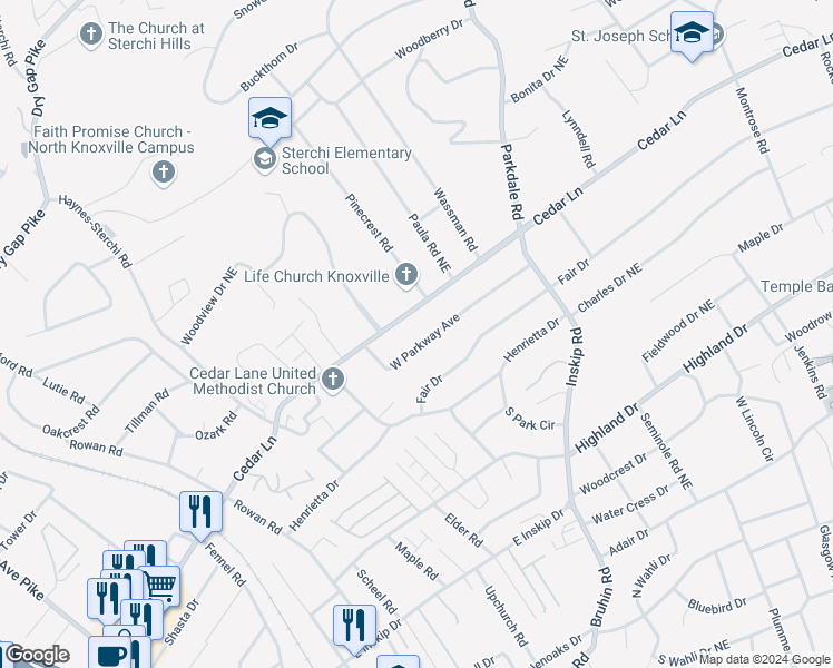 map of restaurants, bars, coffee shops, grocery stores, and more near 1016 West Parkway Avenue in Knoxville