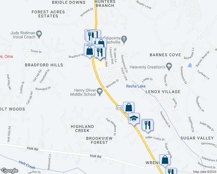 map of restaurants, bars, coffee shops, grocery stores, and more near 6200 Nolensville Pike in Nashville