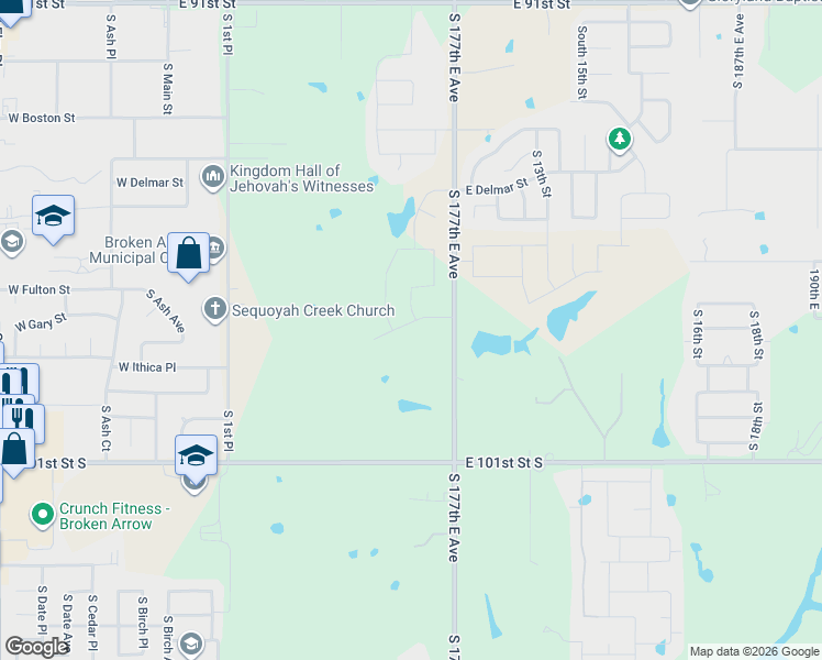 map of restaurants, bars, coffee shops, grocery stores, and more near 9800 South Lynn Lane Road in Broken Arrow