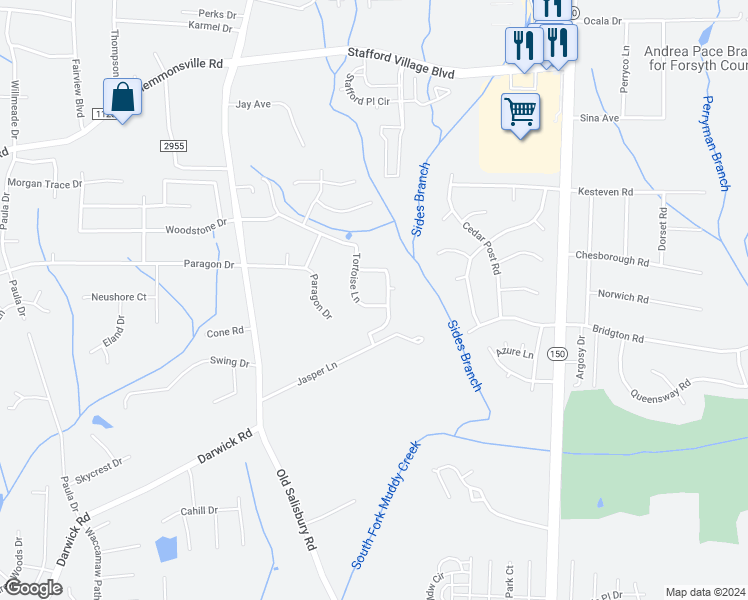 map of restaurants, bars, coffee shops, grocery stores, and more near 475 Tortoise Lane in Winston-Salem