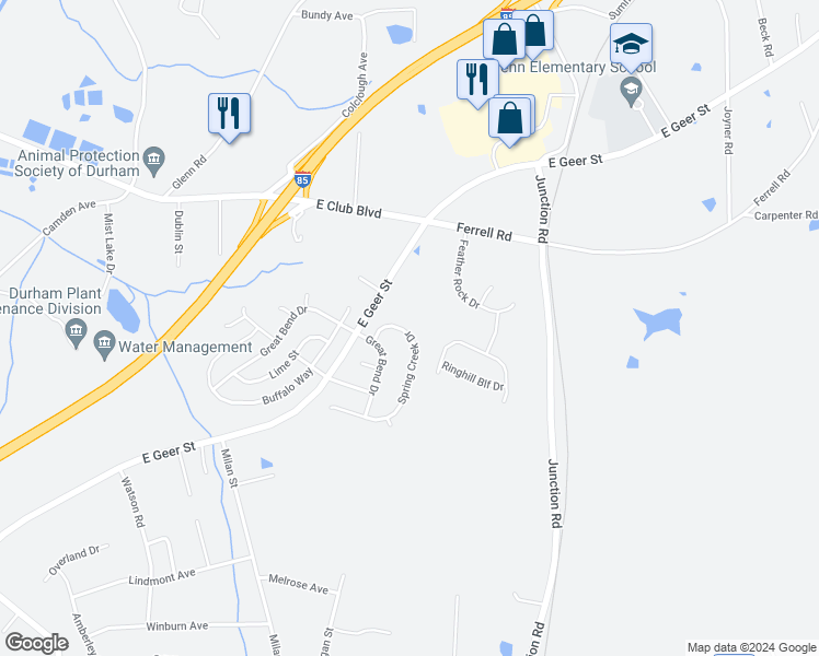 map of restaurants, bars, coffee shops, grocery stores, and more near 2048 Spring Creek Drive in Durham