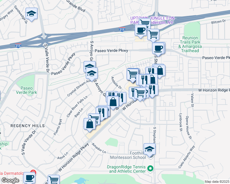 map of restaurants, bars, coffee shops, grocery stores, and more near 1481 Rancho Ridge Drive in Henderson