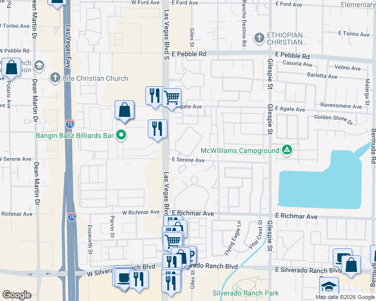 map of restaurants, bars, coffee shops, grocery stores, and more near 62 East Serene Avenue in Las Vegas