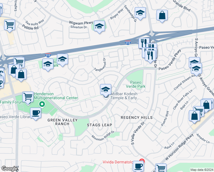 map of restaurants, bars, coffee shops, grocery stores, and more near 256 Camelback Ridge Avenue in Henderson