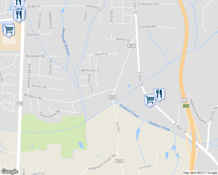 map of restaurants, bars, coffee shops, grocery stores, and more near 1215 Bridgton Road in Winston-Salem