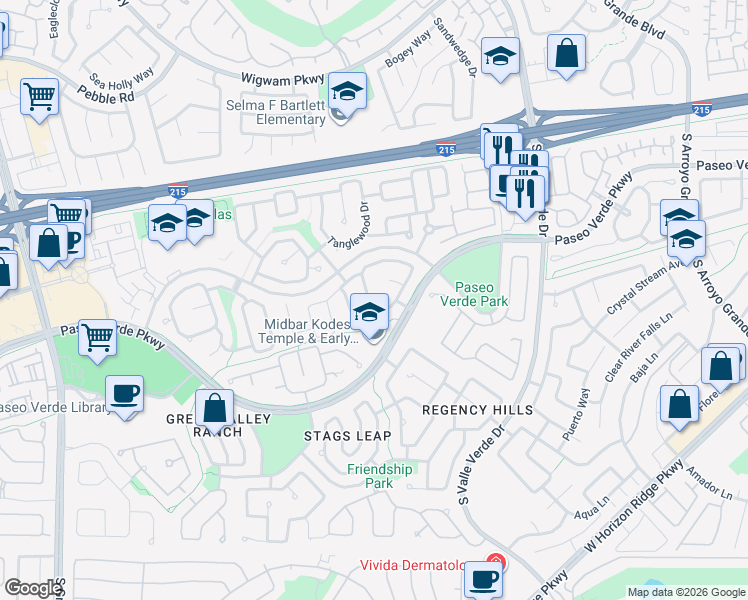 map of restaurants, bars, coffee shops, grocery stores, and more near 256 Camelback Ridge Avenue in Henderson