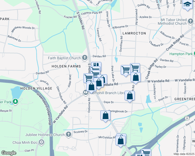 map of restaurants, bars, coffee shops, grocery stores, and more near 3219 South Holden Road in Greensboro