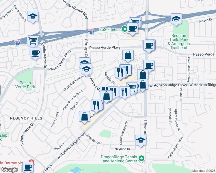 map of restaurants, bars, coffee shops, grocery stores, and more near 1481 Rancho Ridge Drive in Henderson