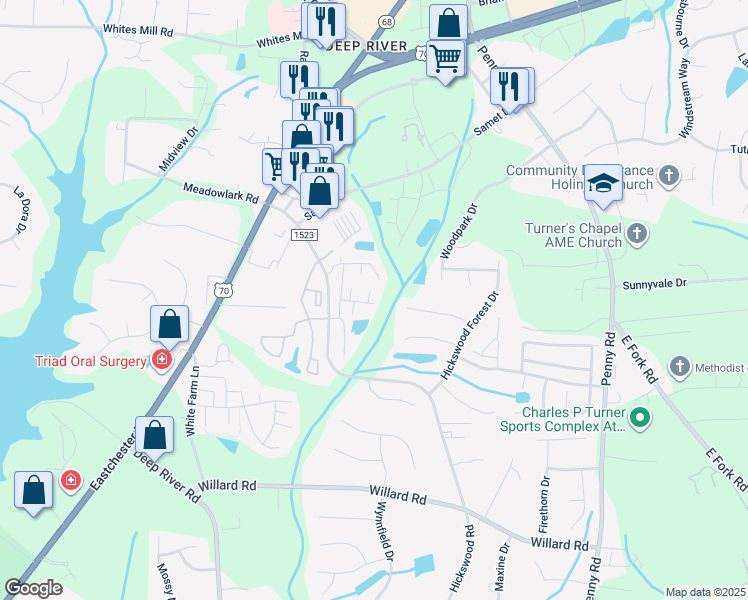 map of restaurants, bars, coffee shops, grocery stores, and more near 3743 Spanish Peak Drive in High Point