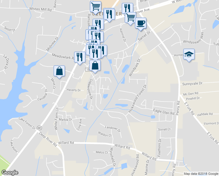 map of restaurants, bars, coffee shops, grocery stores, and more near 3743 Spanish Peak Drive in High Point